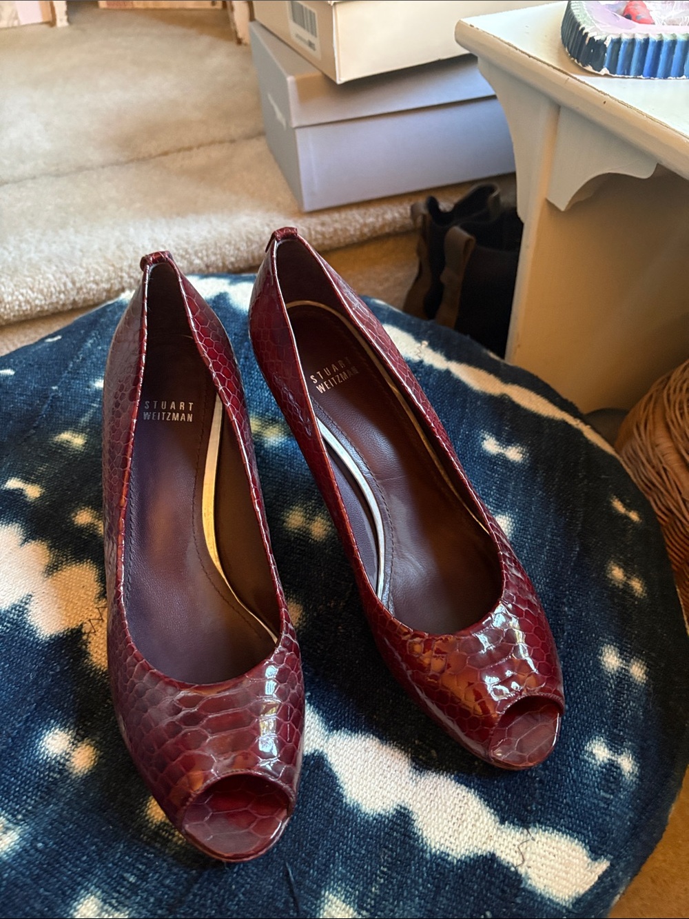 Stuart Weitzman Burgundy Snakeskin Peep-Toe Heels